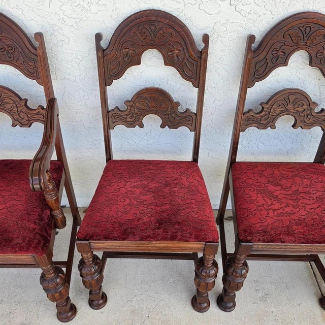 Brown Antique English Oak Tudor Jacobean Dining Chairs 1930's Set of 4 For Sale - Image 8 of 18