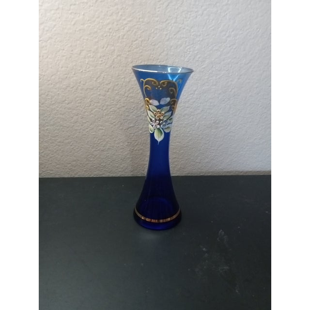 1970s 1970s Hand Painted Czech Bohemian Cobalt Blue Glass Bud Vase For Sale - Image 5 of 6