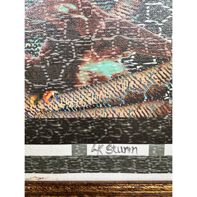 Striking original mixed media portrait artwork by Linda Sturm, featuring a fragmented female face layered with textural...