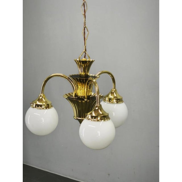 Czechoslovak Art Deco Brass and Opaline Glass Chandelier, 1930s For Sale - Image 12 of 15