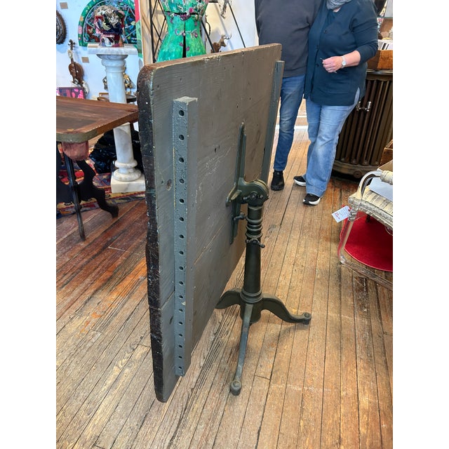 Industrial Salvaged Tilt Top Wood Work Table With Iron Base For Sale - Image 17 of 18