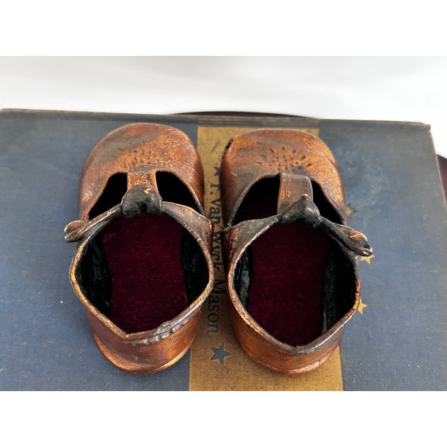 Copper Vintage Pair Mid Century Modern Copper Plated Baby Shoes Nursery Decor For Sale - Image 8 of 14