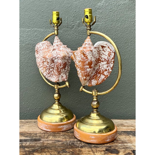 Vintage Brass and Wood Shell Lamps - Pair For Sale - Image 10 of 12