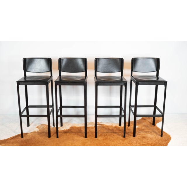 Matteo Grassi 1980s Mid-Century Matteo Grassi Black Saddle Leather Sistina Bar Stools - Set of 4 For Sale - Image 4 of 14