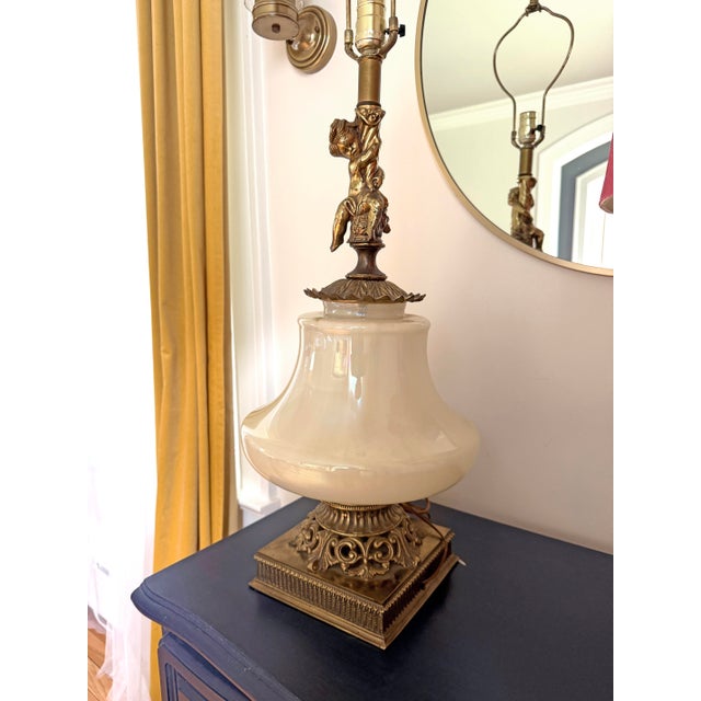 Rococo Oversized Vintage Hollywood Regency Opaline Glass Brass Cherub Table Lamps - A Pair For Sale - Image 3 of 9