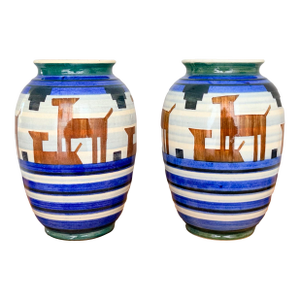 1930s Bunzlau Art Deco Gazelle Vases, Pair — Hand-Painted Stoneware, Made in Germany