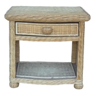 Vintage Wicker Nightstand With Drawer and Lower Shelf For Sale