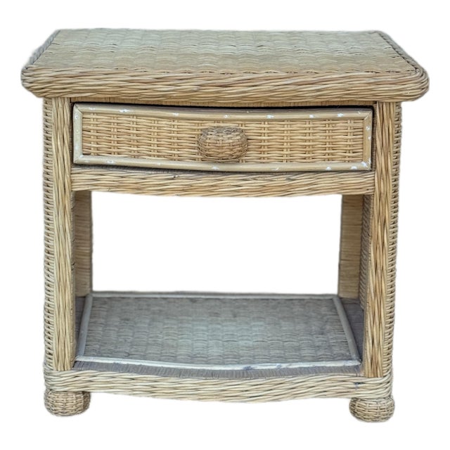 Vintage Wicker Nightstand With Drawer and Lower Shelf For Sale