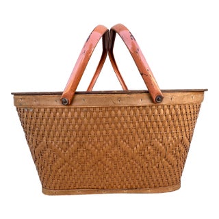 Vintage Mid 20th Century Large Wicker Picnic Basket With Metal Handles For Sale