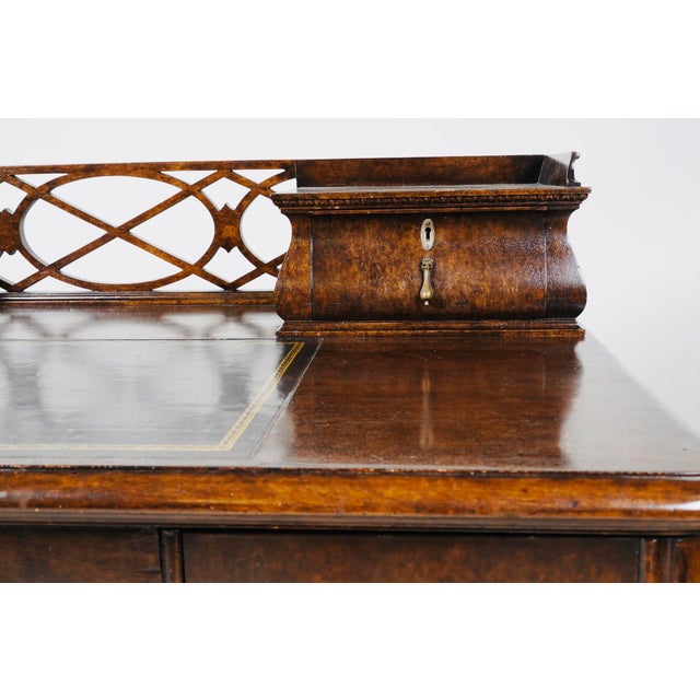 1920s English Georgian Revival Mahogany Kneehole Desk With Fretwork Gallery & Inset Leather Writing Surface For Sale - Image 10 of 10