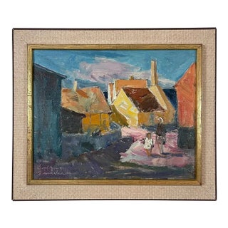 Svend Nielsen, Village Scene, Danish Mid Century Oil on Canvas For Sale