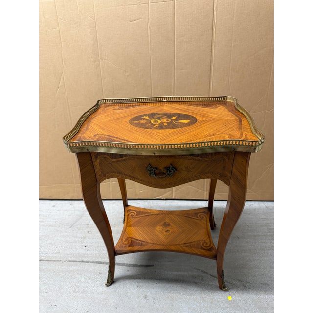 1960s 1960s A French Marquetry Inlaid Wood Side Table With Brass Gallery and Ormolu Mounts. For Sale - Image 5 of 6