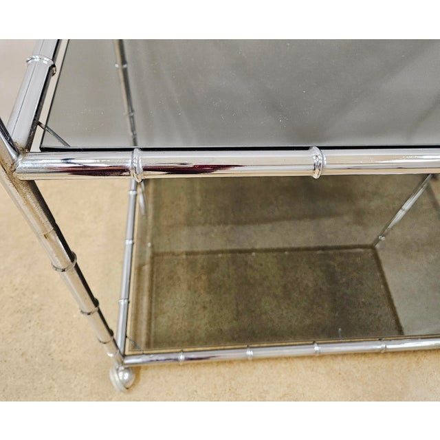Gray 1970s Mid-Century Modern Large Faux Bamboo Steel and Smoked Glass Bar Cart For Sale - Image 8 of 11