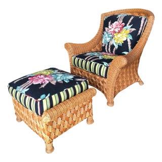 1980s Large "Big Daddy" Woven Wicker Lounge Chair with Matching Ottoman For Sale