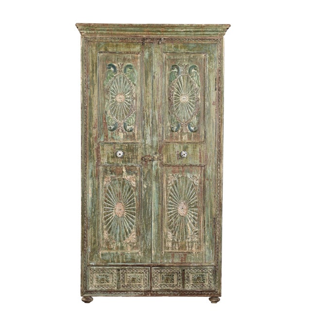 Indian Antique Indian Carved and Painted Armoire For Sale - Image 3 of 5