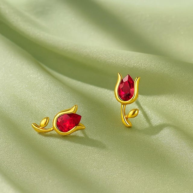 Modern Tulip Ruby Stud Earrings in 14k Gold, A Pair For Sale - Image 3 of 7