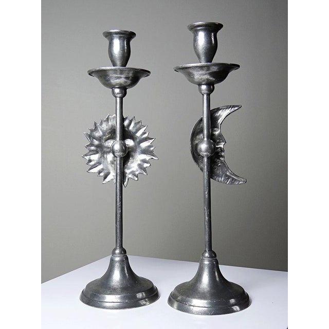Silver Vintage Sun and Moon Candlesticks in Silver-Plated Pewter, 1960s, Set of 2 For Sale - Image 8 of 14