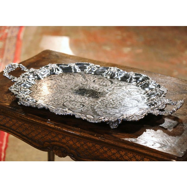 Metal Mid-Century French Louis XV Style Silver-Plated Serving Tray For Sale - Image 7 of 10