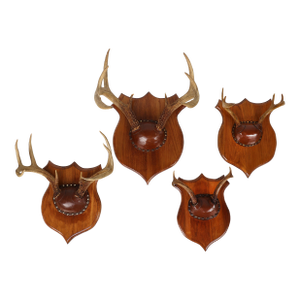 Set of 4 Vintage Mounted Deer Antlers With Leather and Brass Tacks
