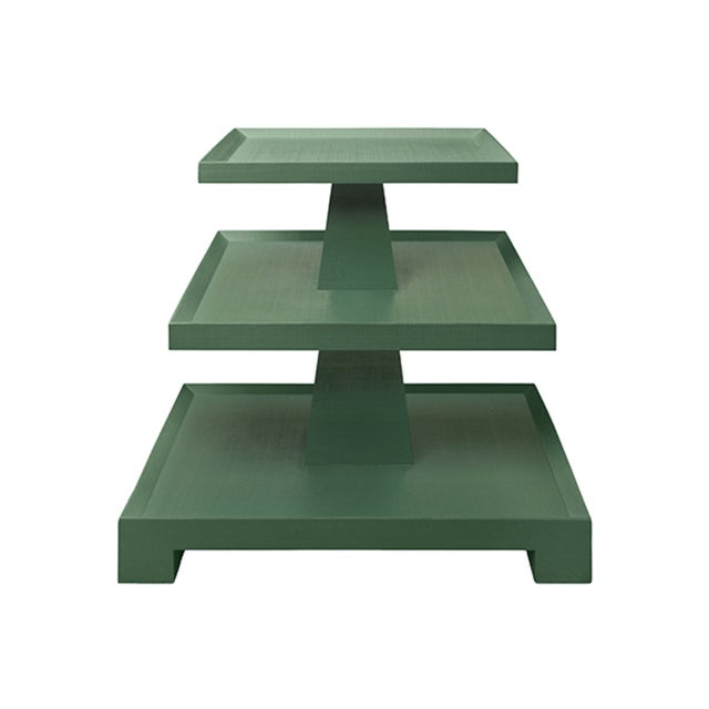 Worlds Away Matthew Izzo Home - Tatiana Textured Green Linen Tapered Three Tier Side Table With Column Center Top 20” X 14” For Sale - Image 4 of 4