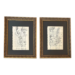 2 Contemporary Original Wayne Cunningham Abstract Marker Drawings on Vintage Book Pages - Set of Two For Sale