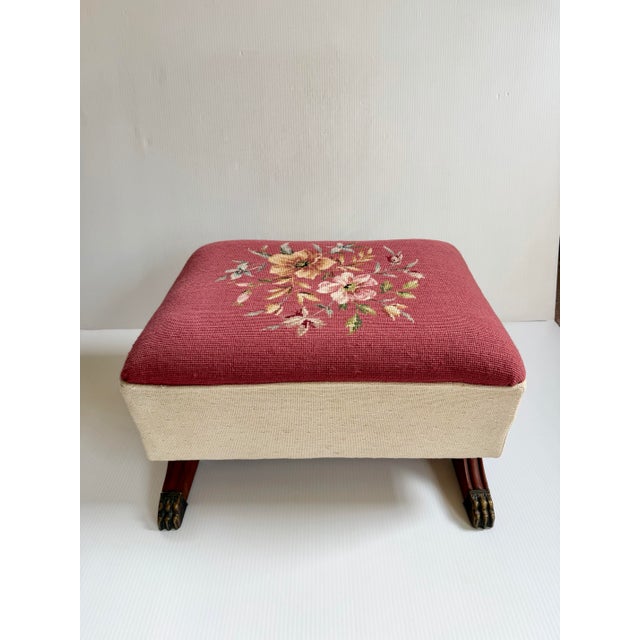 Traditional Vintage Large Floral Needlepoint Footstool Ottoman With Wood and Brass Clawfeet For Sale - Image 3 of 12