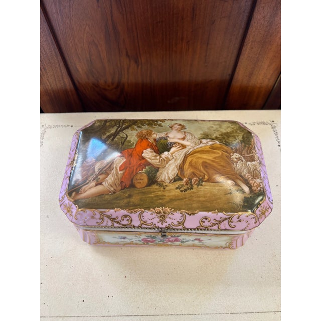 French Antique Sevres Style Large Porcelain Vanity Box For Sale - Image 3 of 12