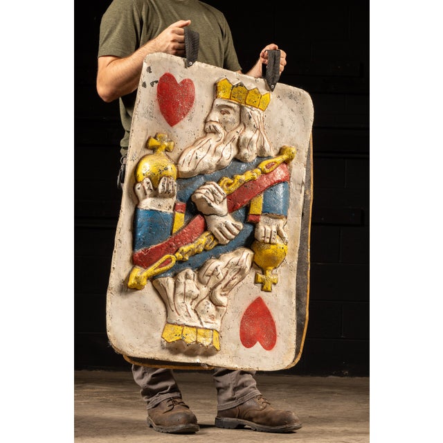Handmade folk art sandwich board costume modeled after the King of Hearts playing card, constructed as two large...