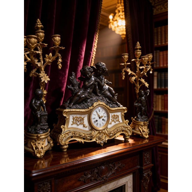 Antique French Denière Bronze & Marble Clock Garniture Set - Cherubs, 3-Piece, 19th Century For Sale - Image 16 of 18