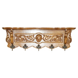 Dutch Oak Wall Rack with Bronze Hooks For Sale