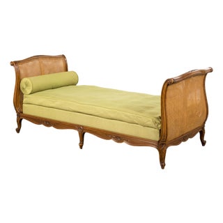 Antique French Louis XV Style Walnut Cane Daybed W/ Light Green Linen For Sale