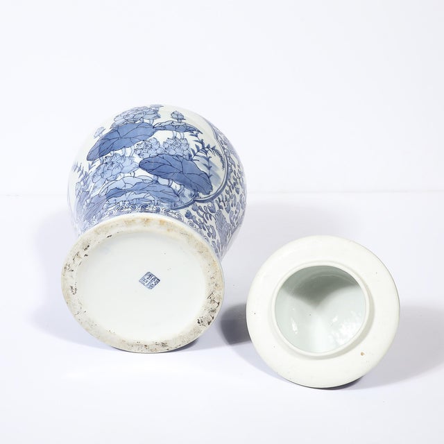 Chinese Hand Painted Blue and White Fudog and Flower Temple Jar For Sale - Image 17 of 18