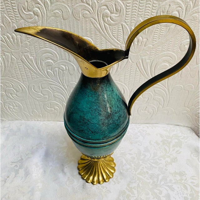 Mid-Century Modern Mid Century Modern Turquoise and Brass Oppenheim Israel Pitcher For Sale - Image 3 of 11