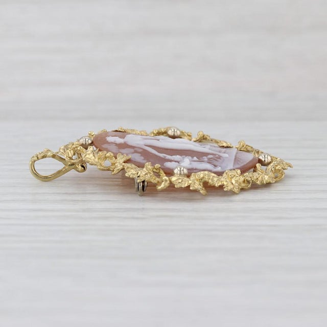 Figurative Figural Carved Shell Cameo Pendant Brooch 10k Gold Floral Wreath Woman Children For Sale - Image 3 of 4