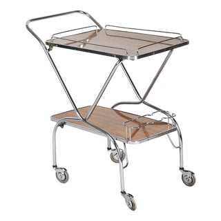 Bauhaus Serving Trolley in Chromed Steel and Faux Wood, Sweden, 1950s For Sale