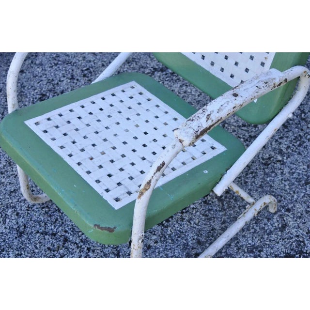 Mid 20th Century Mid 20th Century Art Deco Metal Basketweave Old Green White Porch Outdoor Spring Arm Chair For Sale - Image 5 of 10