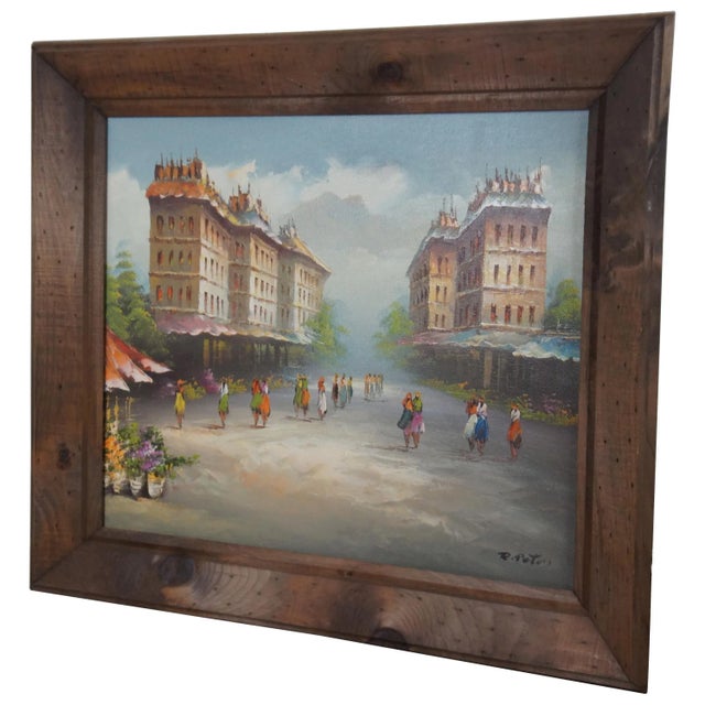 "Vintage French impressionist oil on canvas cityscape painting of a large street plaza flanked with awning trimmed...
