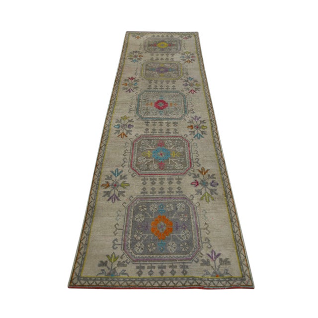 1960s Vintage Turkish Hand Knotted Wool Runner Rug Multicolor Floral 3'2" X 10'3" For Sale - Image 5 of 6