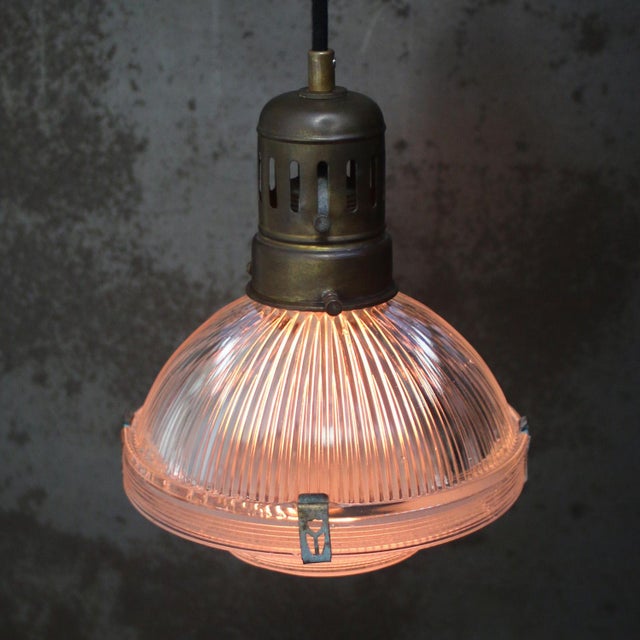 1920s Vintage Industrial Glass and Brass Pendant Light from Holophane, France For Sale - Image 5 of 7