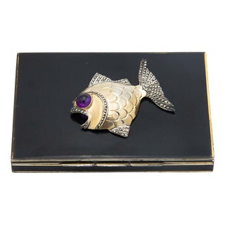 Enamel-Covered Silver Cigarette Case with Fish on the Lid For Sale