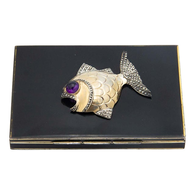 Enamel-Covered Silver Cigarette Case with Fish on the Lid For Sale