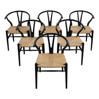 6 Carl Hansen Black "Wishbone" Chairs With Rush Seats, Design by Hans Wegner, For Sale