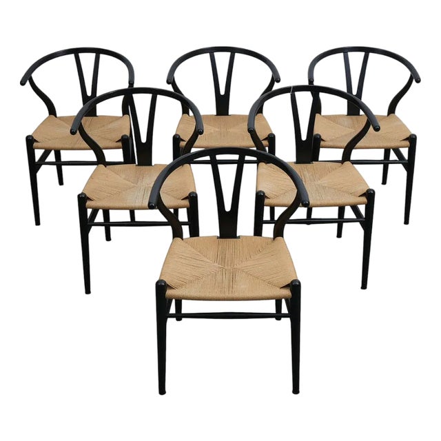 6 Carl Hansen Black "Wishbone" Chairs With Rush Seats, Design by Hans Wegner, For Sale