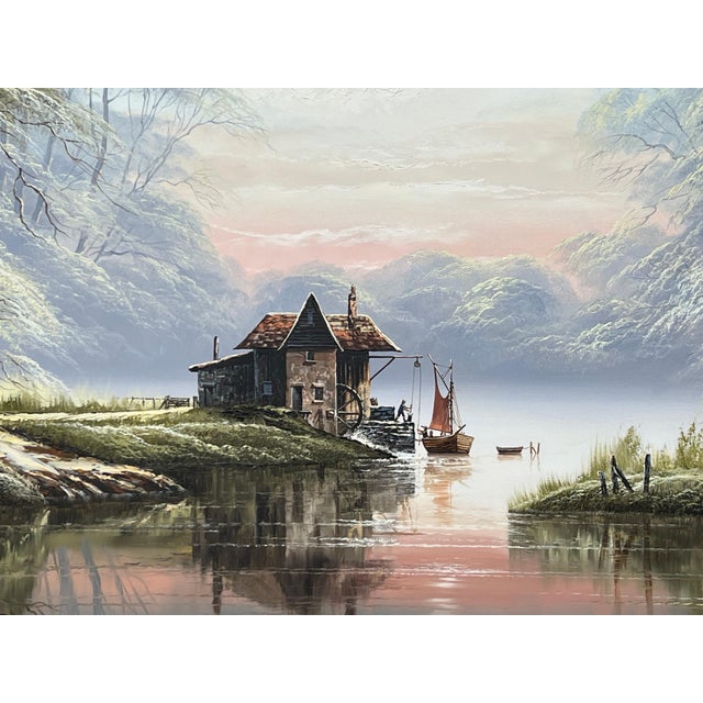 Textile River Landscape with Water Mill in England with Lush Trees by British Artist 1976 For Sale - Image 7 of 16