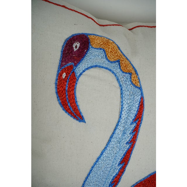 Embroidered Flamingo Suzani Pillow Cover – Turkish Boho Cushion 18''x 19'' For Sale - Image 4 of 5