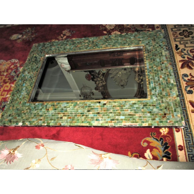 Contemporary Vintage 1970s Green & Blue Mosaic Beveled Edge Mirror For Sale - Image 3 of 13