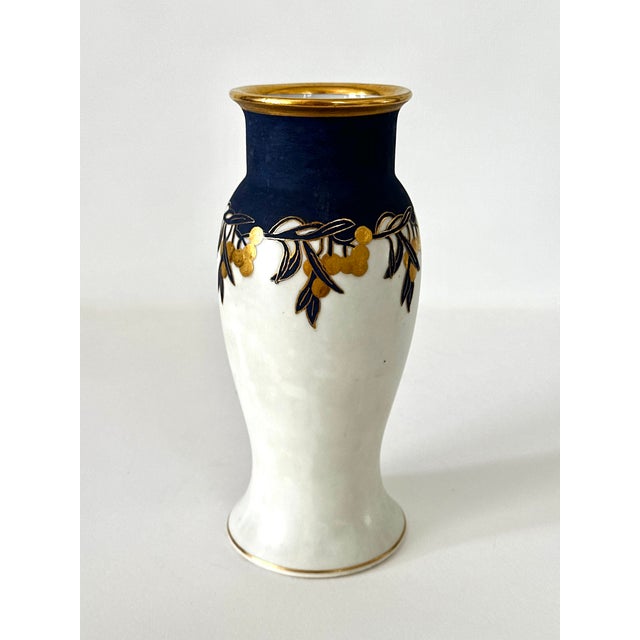 Navy Blue Early 20th Century Blue White and Gold Gilt German Porcelain Art Nouveau Vase Signed Ruth De Courcy For Sale - Image 8 of 12
