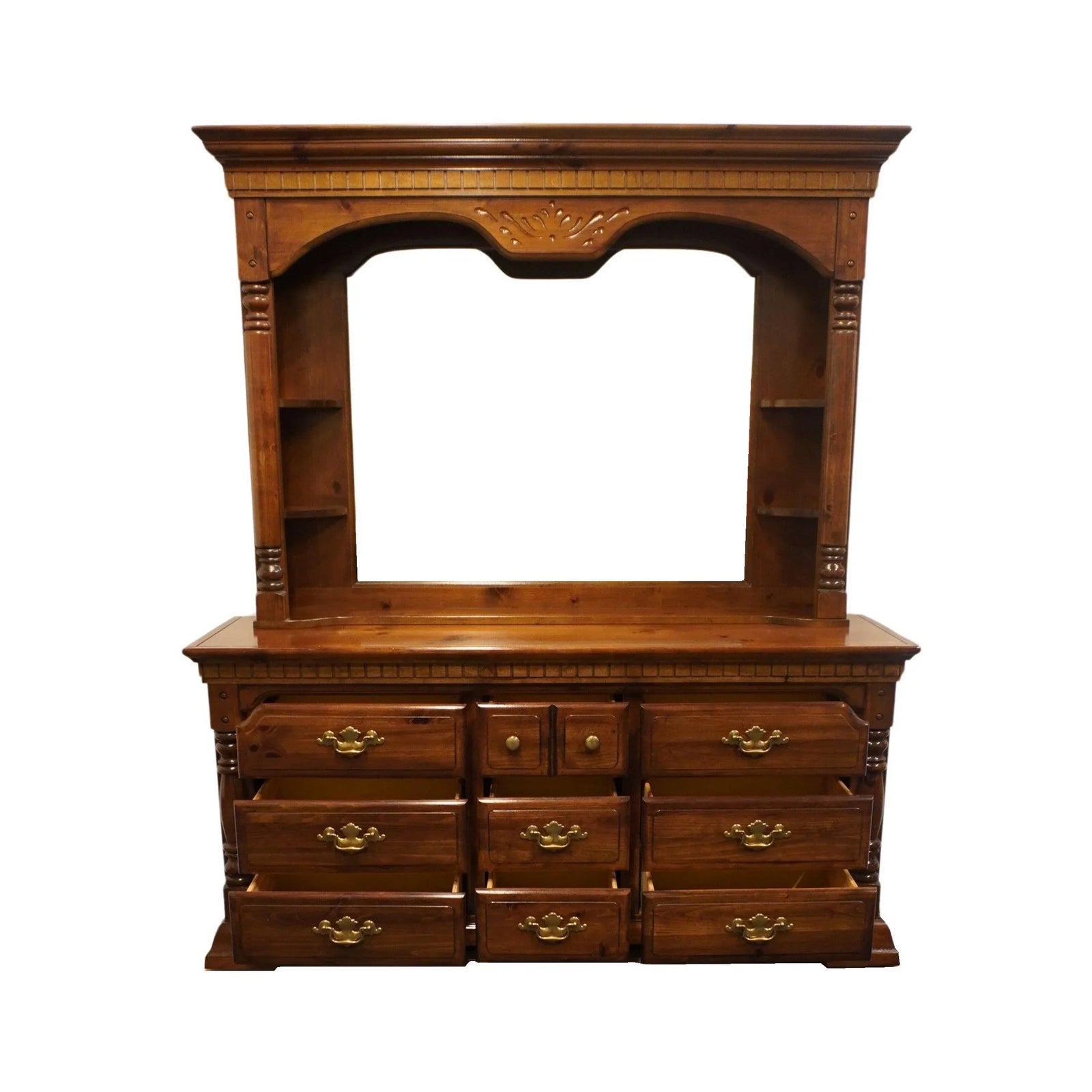 Bassett Furniture Solid Pine Rustic Americana 69" Dresser W. Mirror Hutch 1184-237 / 1184-239