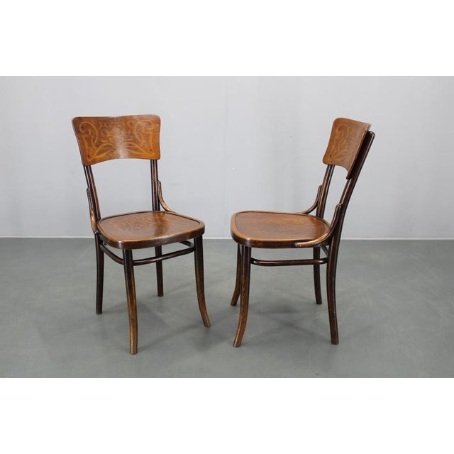 Exceptional pair of Art Nouveau chairs by Thonet, produced in Czechoslovakia in the 1920s. Executed in solid beech wood...