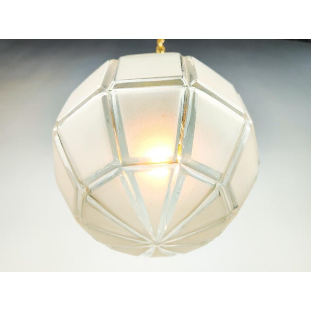 French Art Deco Facetted Brass and Etched Glass Globe Pendant For Sale - Image 4 of 6